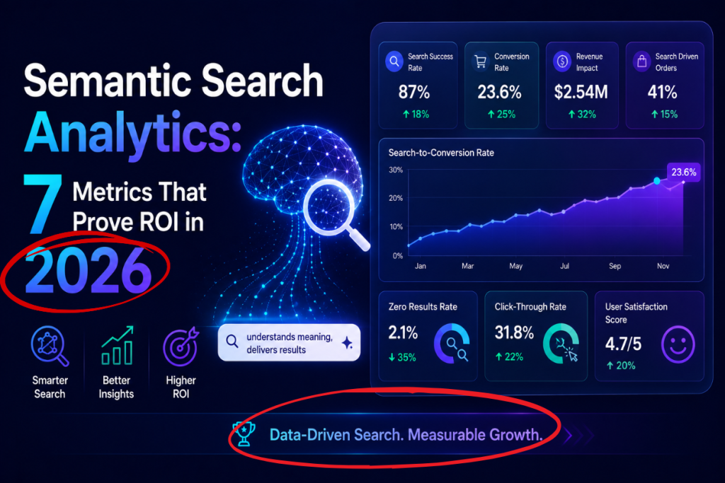 Semantic search analytics dashboard measuring intent coverage, semantic match rate, and AI search quality