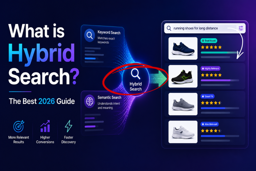 What is hybrid search: a diagram showing keyword and vector retrieval running in parallel and merging into one ranked result set