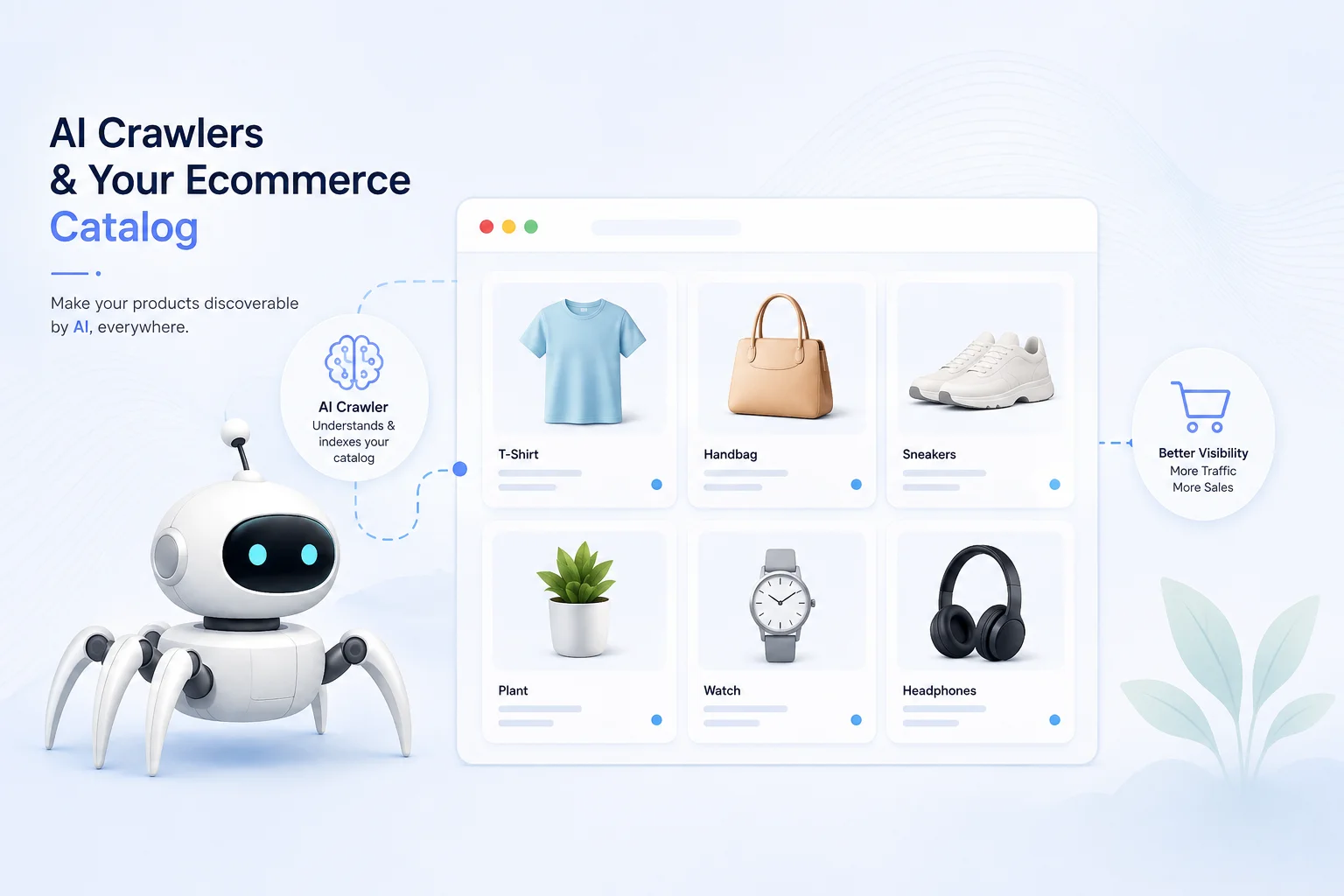 AI crawlers reading an ecommerce catalog to generate product recommendations