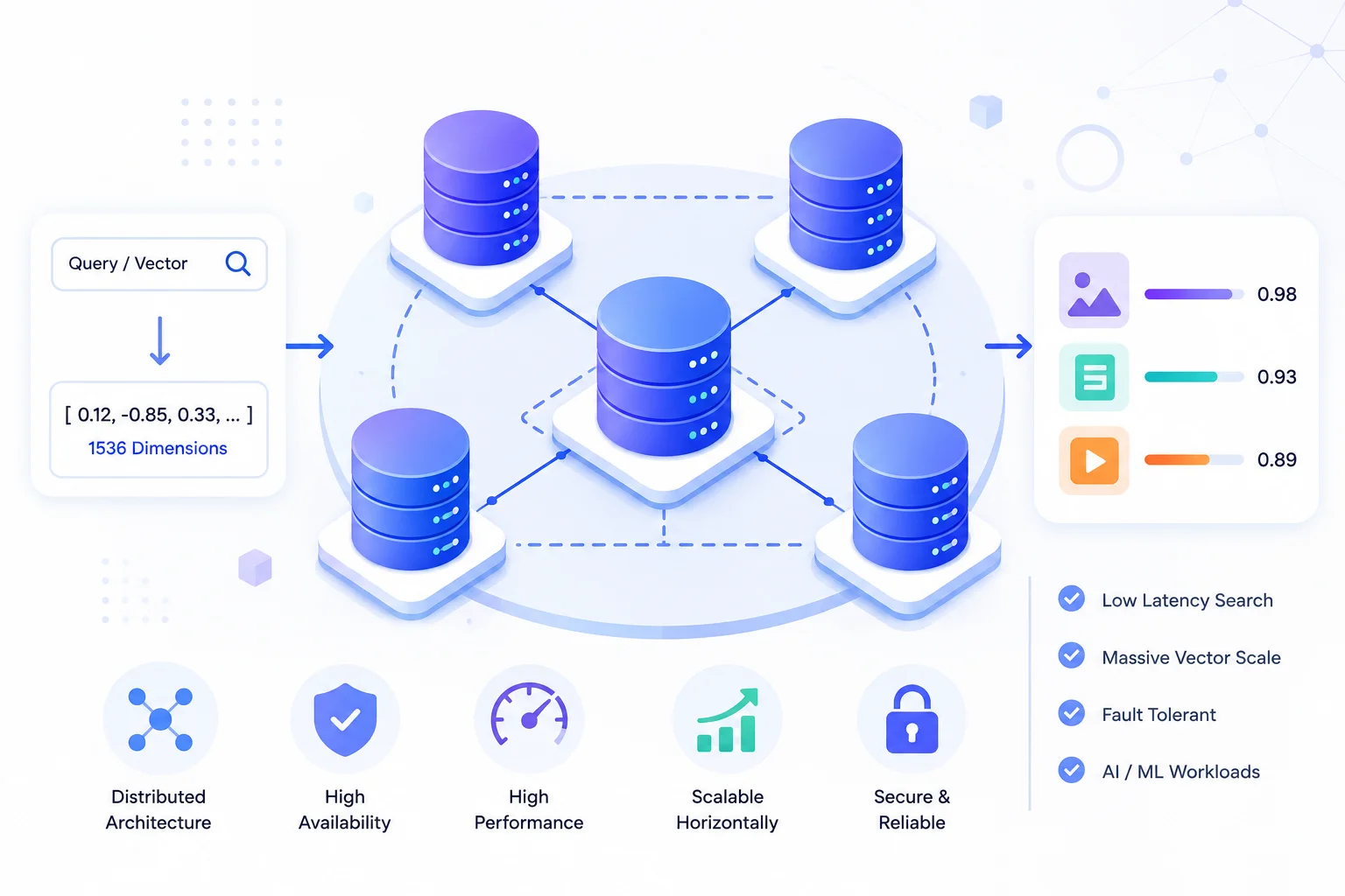 Vector database cluster distributing embeddings across shards with replication for high availability