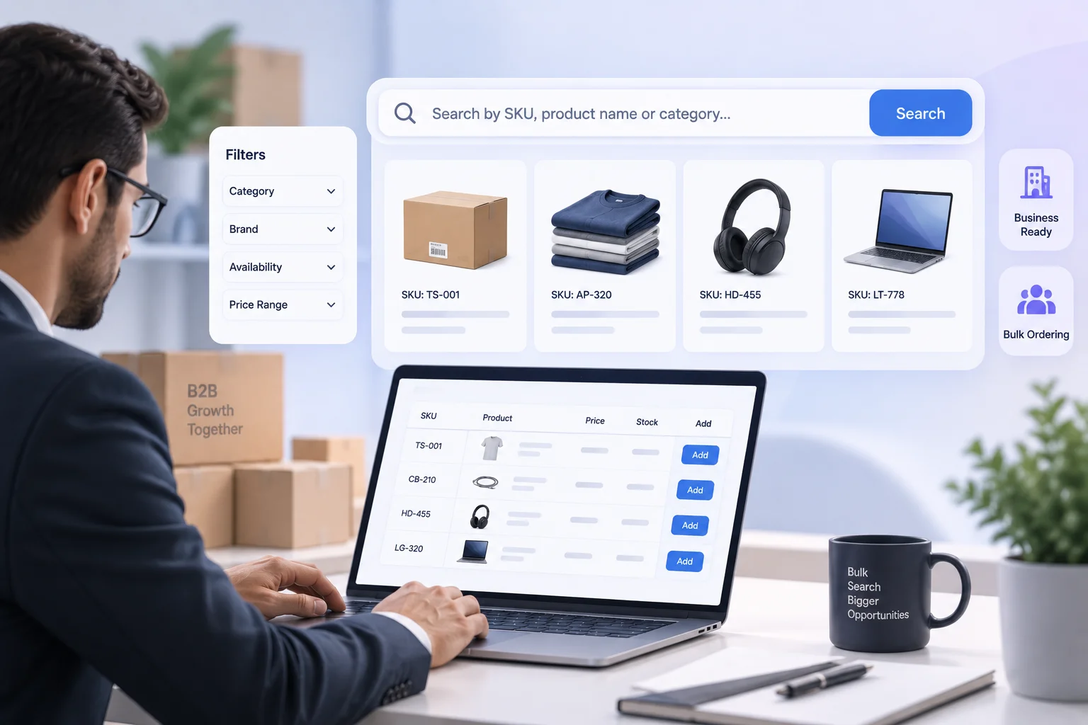 B2B SKU search resolving part numbers, cross-references, and customer-specific codes