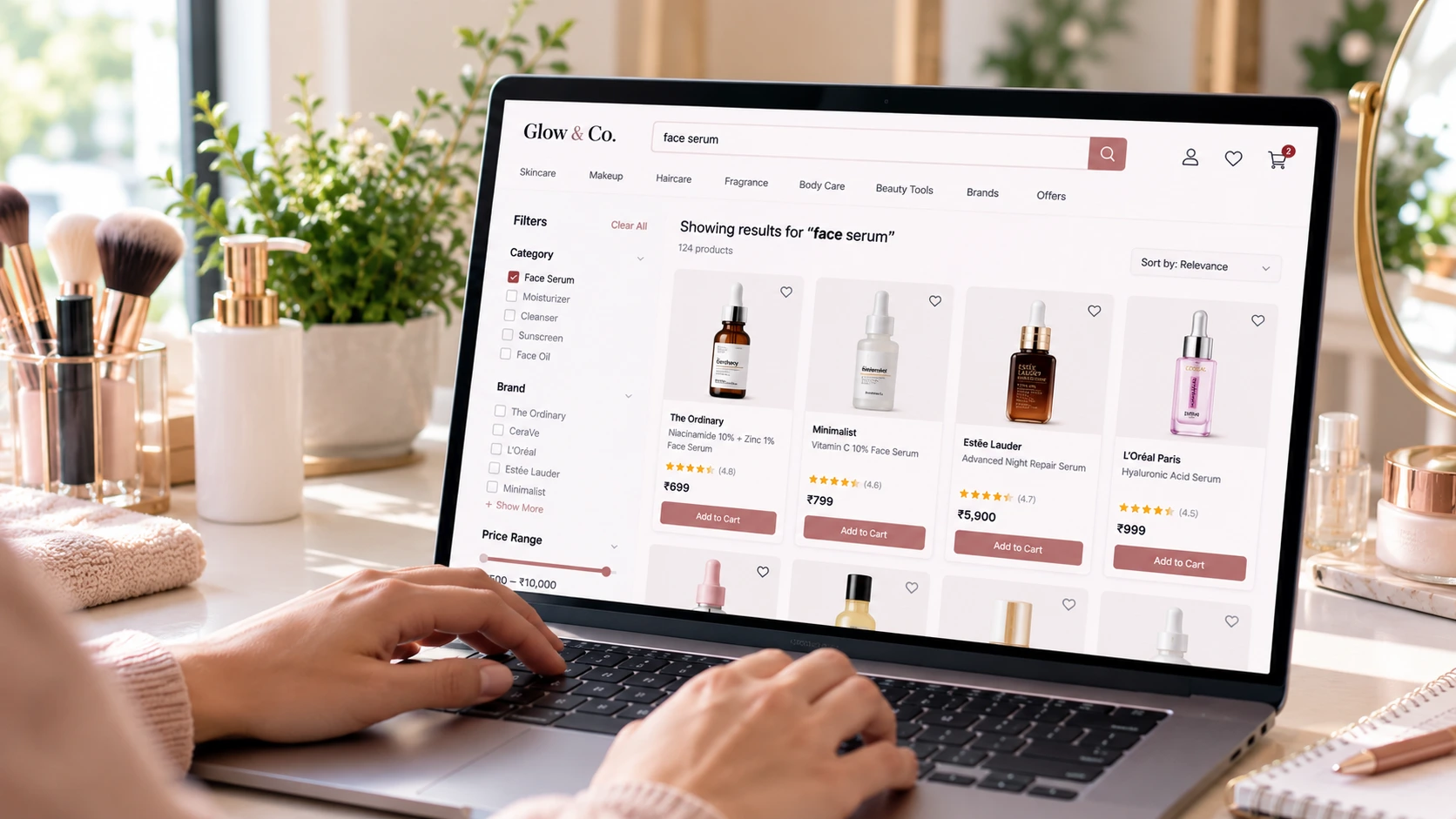 Beauty ecommerce search results filtered by skin type, shade and ingredients