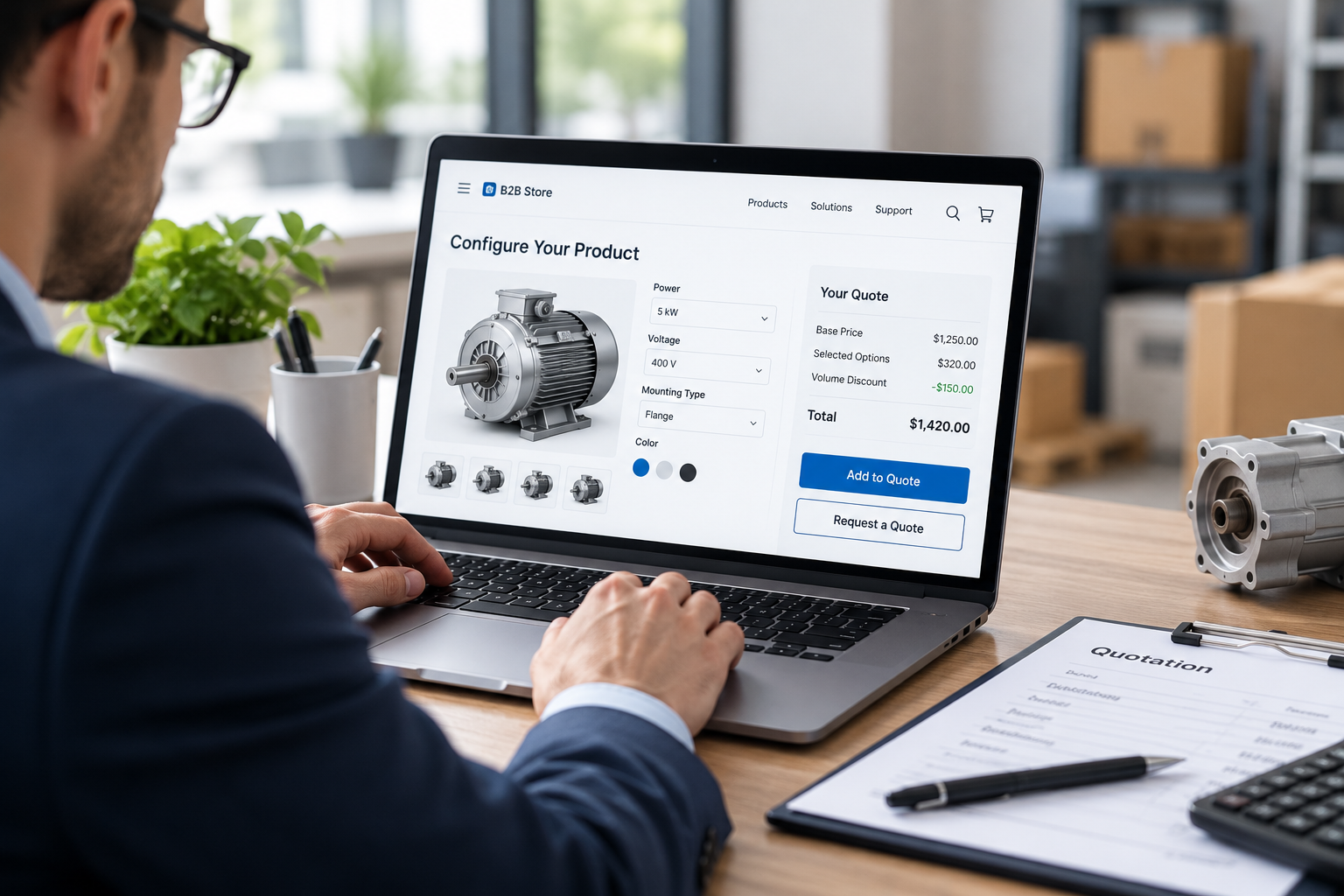 CPQ for B2B ecommerce workflow showing configure, price and quote steps for a self-serve buyer