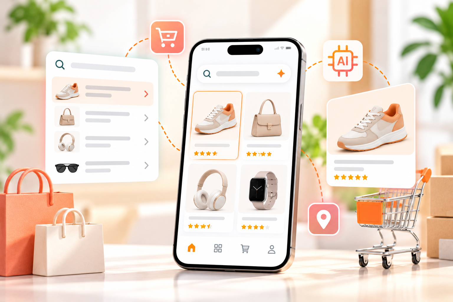 Mobile commerce search on a phone showing autocomplete, filters and relevant product results